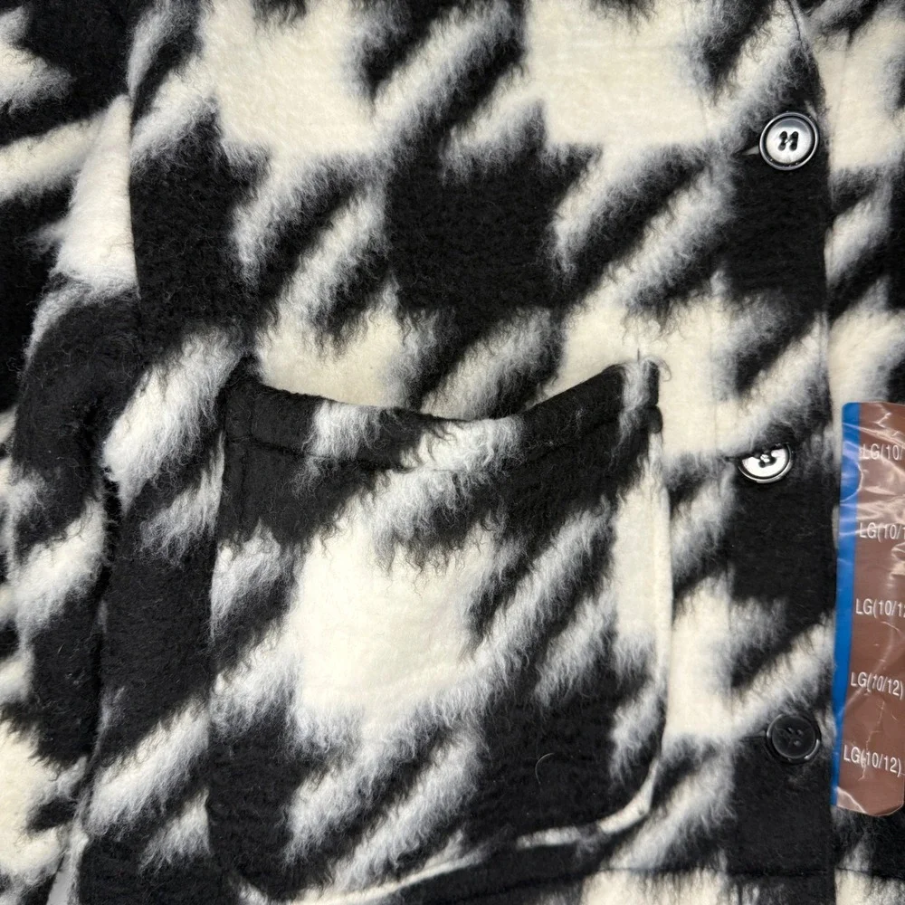 Btween Girls Black White Houndstooth Fuzzy‎ Shacket Jacket Size 10 LG 10/12